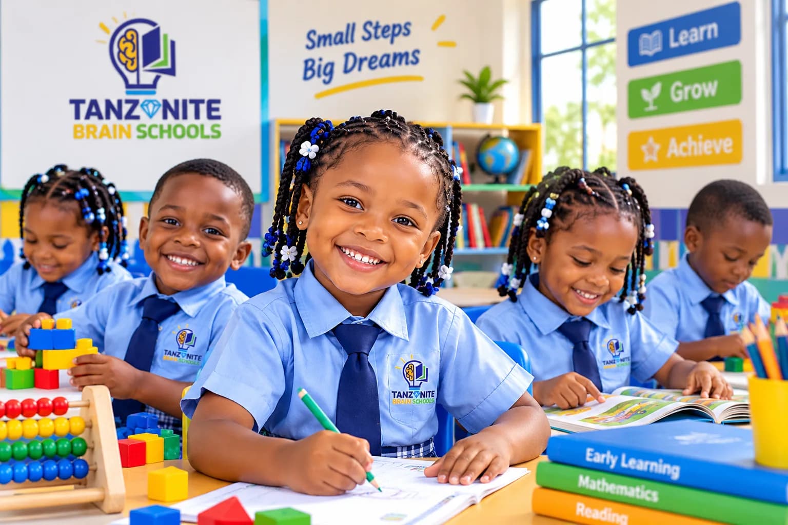 Young pupils writing and counting at an early-learning table