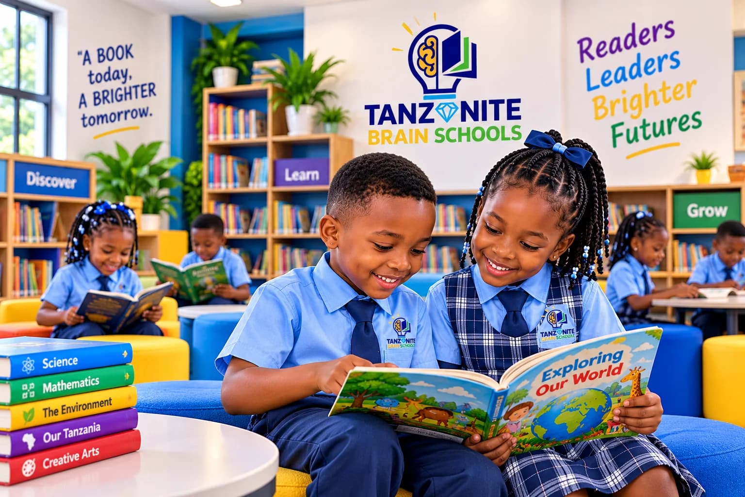 Two Tanzanite Brain Schools pupils reading a picture book together in the library
