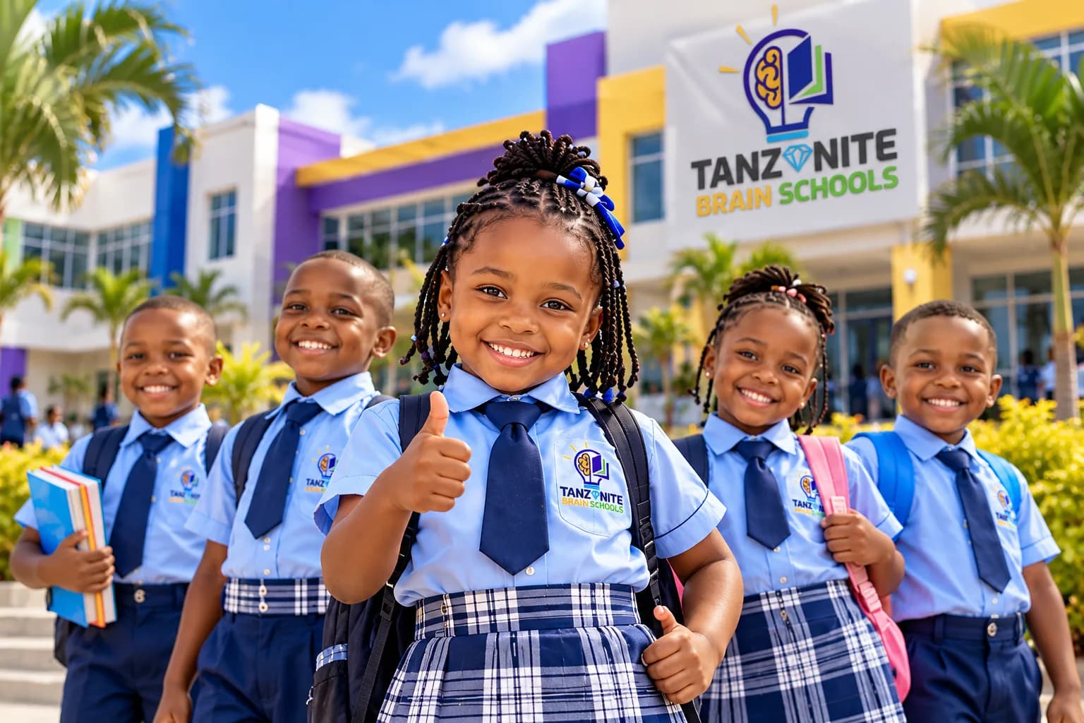 Pupils smiling outside the school building
