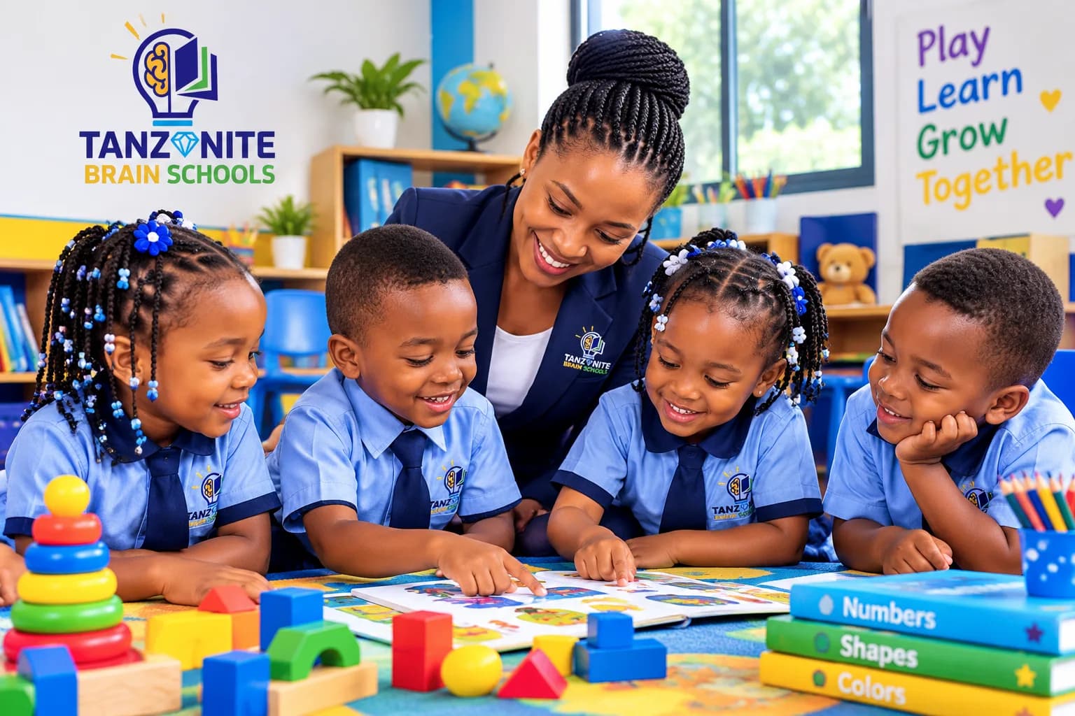 A teacher and young pupils building with shapes and blocks