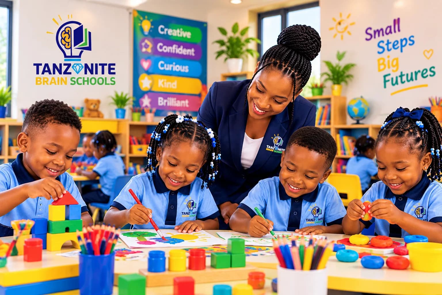 Pre-primary pupils drawing and counting at a classroom table